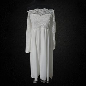 Womens Special Ocasion, Wedding Baby Shower, White Lace  Off-Shoulder Midi Dress